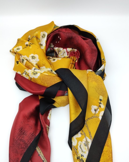 Yellow Faux Silk Printed Plaid Square Scarf